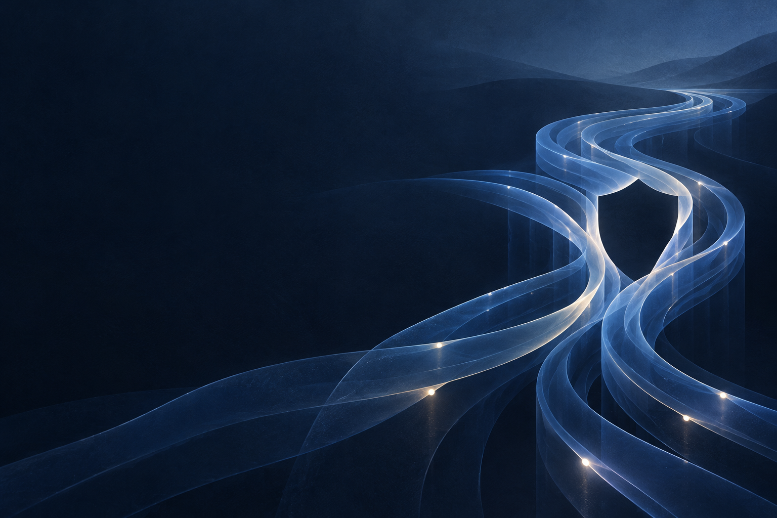 Abstract blue paths travelling across a dark landscape